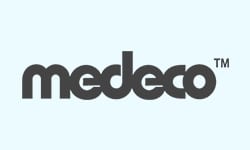 Medeco Locks Logo Black Text with Light Blue Background. High Security Locks. Locksmith Services