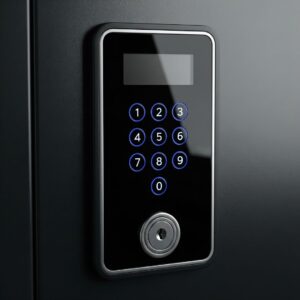 A close-up view of a modern electronic keypad on a safe door.