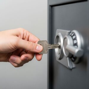 A key being inserted with difficulty into a safe's keyhole.
