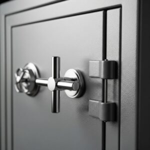 A locked, closed safe door.