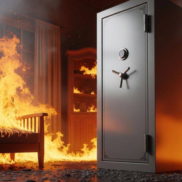 A sturdy gun safe stands unharmed in a room engulfed in flames, symbolizing its fireproof protection.