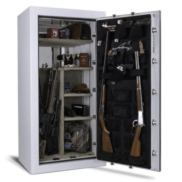An open white gun safe reveals an organized interior with various firearms, jewelry, and personal items stored on shelves and the door panel.