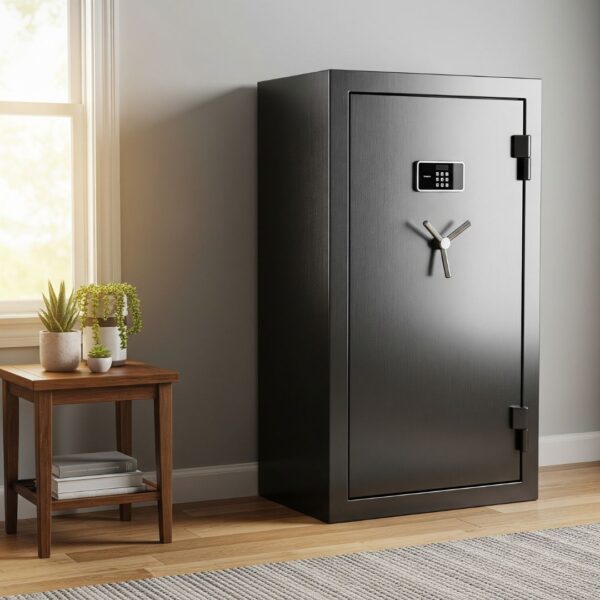 sleek, modern gun safe is positioned against a wall in a home, with a side table and plants next to it, showing its seamless integration into a living space.