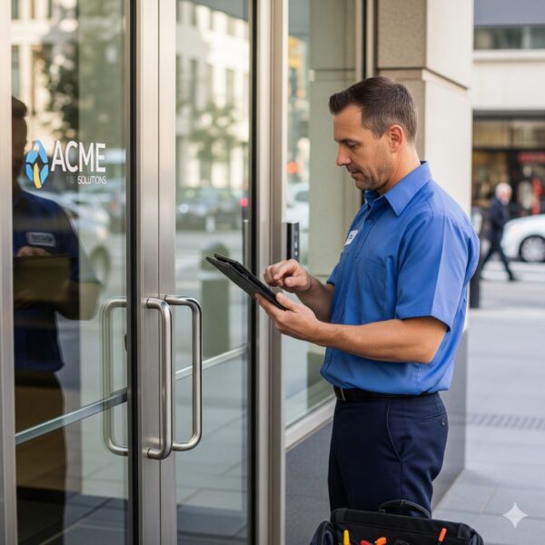 A commercial locksmith uses a tablet to perform a security assessment outside a modern business entrance.