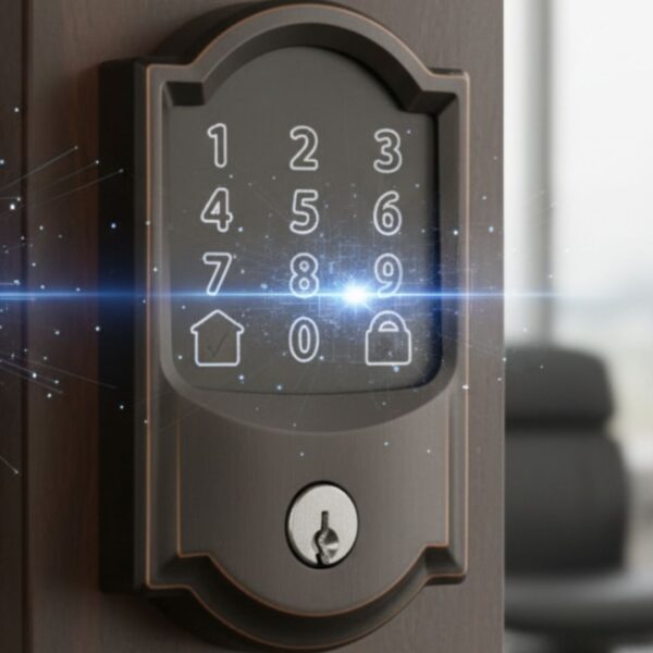 A smart lock with a digital keypad and a glowing blue visual effect, representing high-tech security.