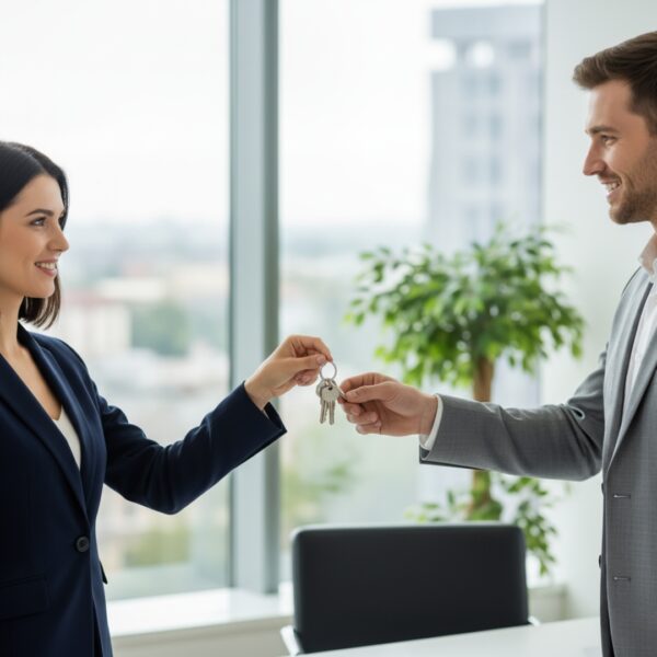 Two business professionals, one handing a set of office keys to the other