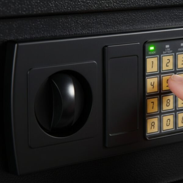 Close-up of a finger pressing an unresponsive electronic safe keypad