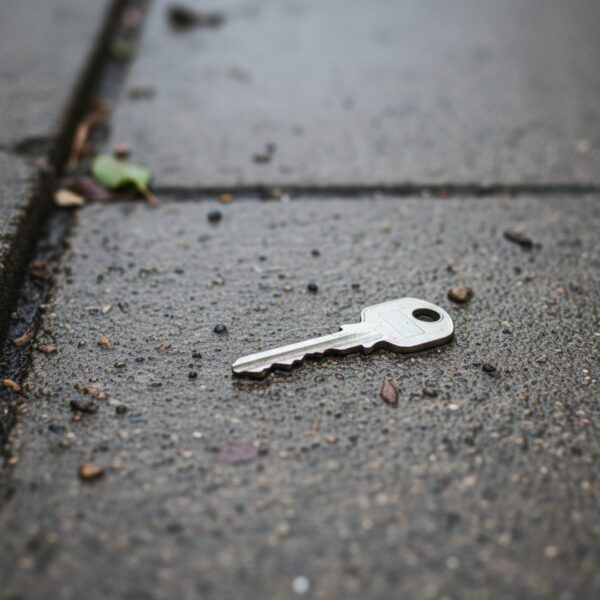 A single, metallic commercial key lying on a dark, wet sidewalk