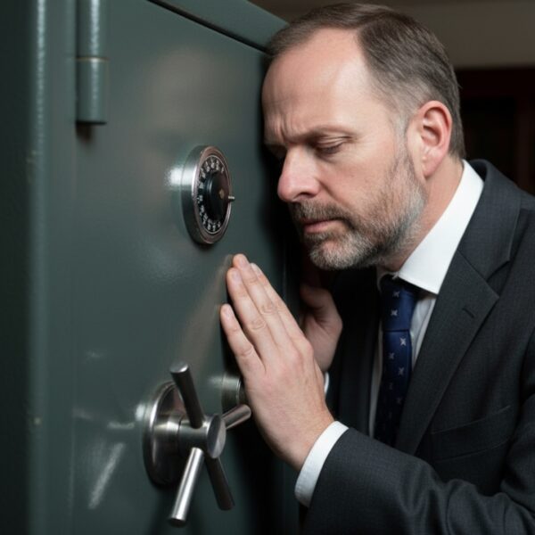 Man listening intently to a safe door