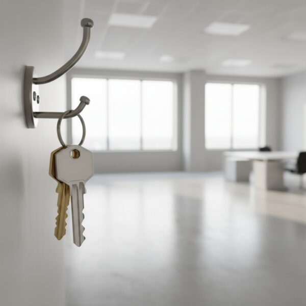 A set of brand-new, shiny commercial keys hanging on a hook inside a brightly lit, empty office space
