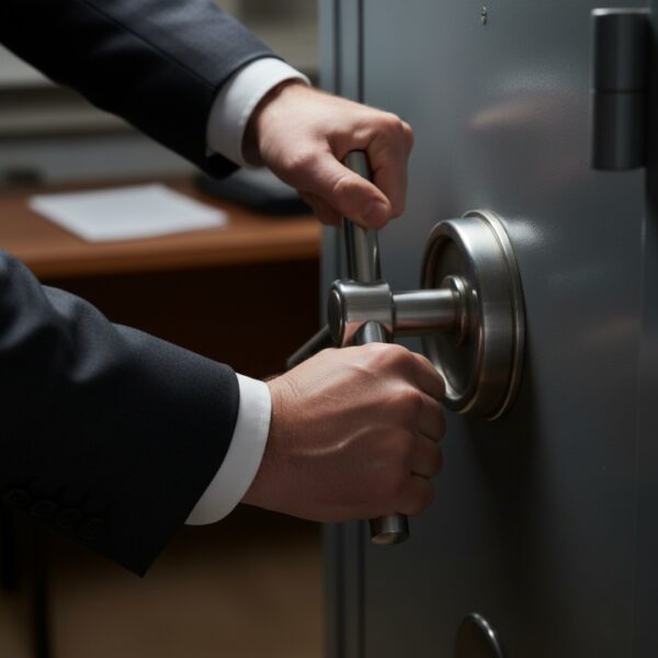 Hands struggling to turn a stiff, resistant safe handle