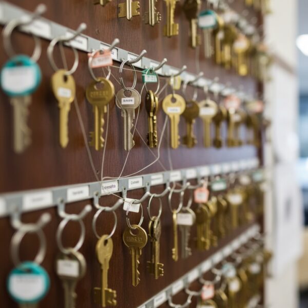 Close-up of a highly organized commercial master key system board with many labeled keys hanging on hooks