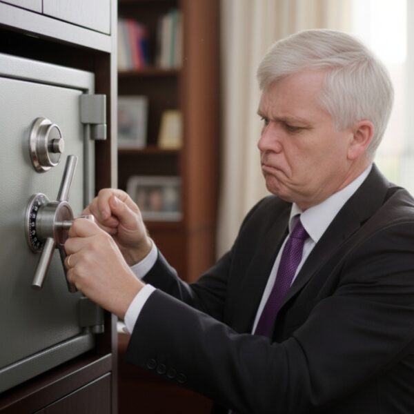 Frustrated person repeatedly trying to open a stubborn safe lock